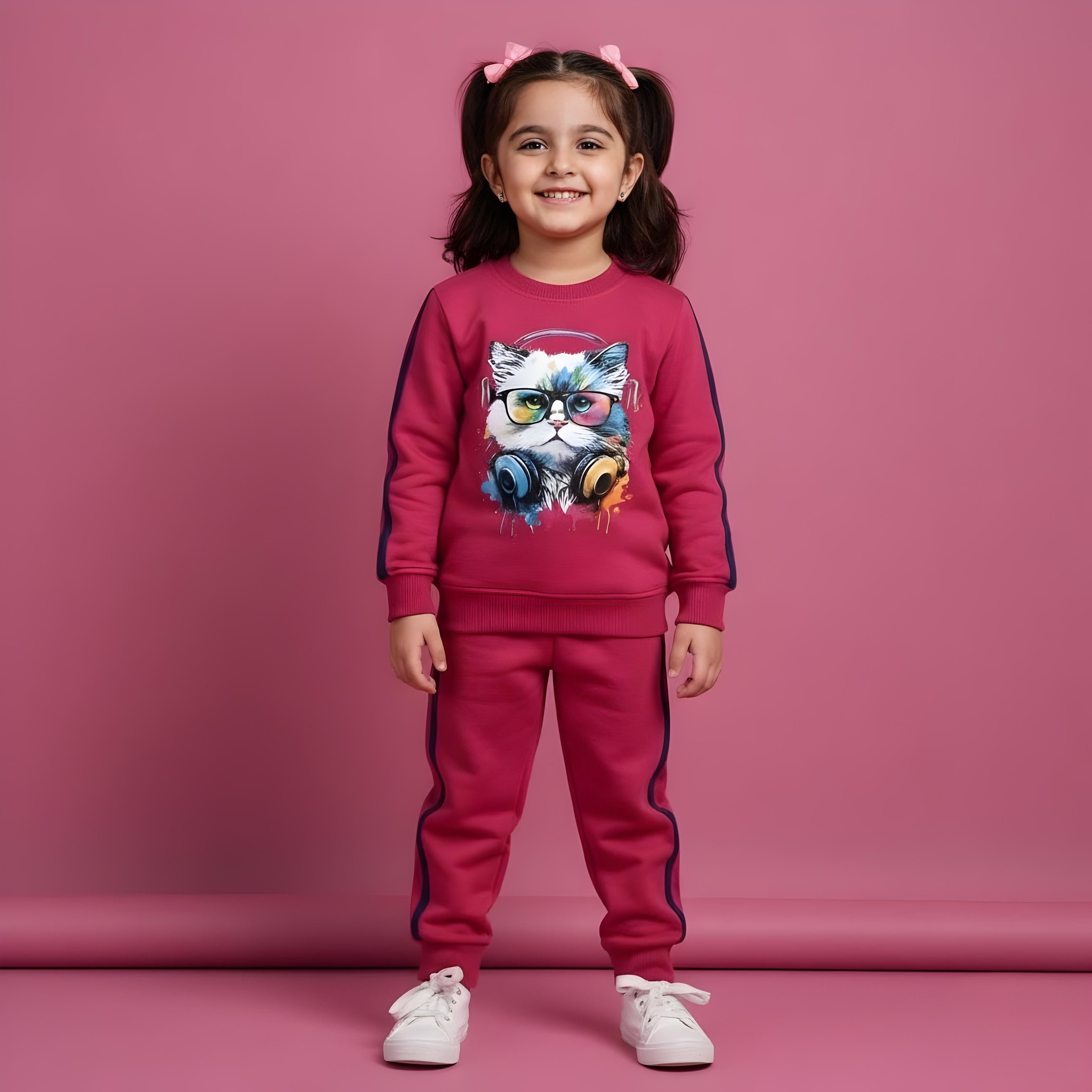 Fushia Cat Terry Cotton Tracksuits